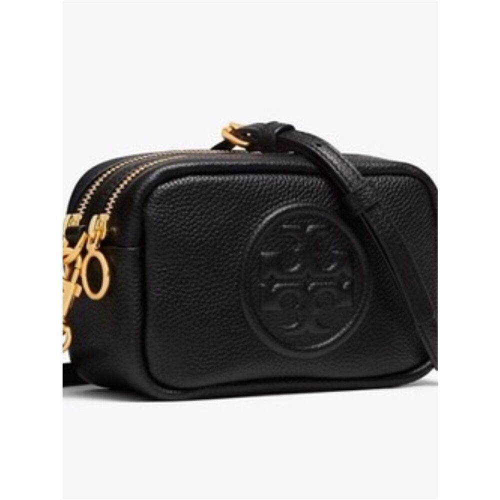 Tory Burch Perry Bombe Mini Camera Bag Black Pebbled Leather Crossbody